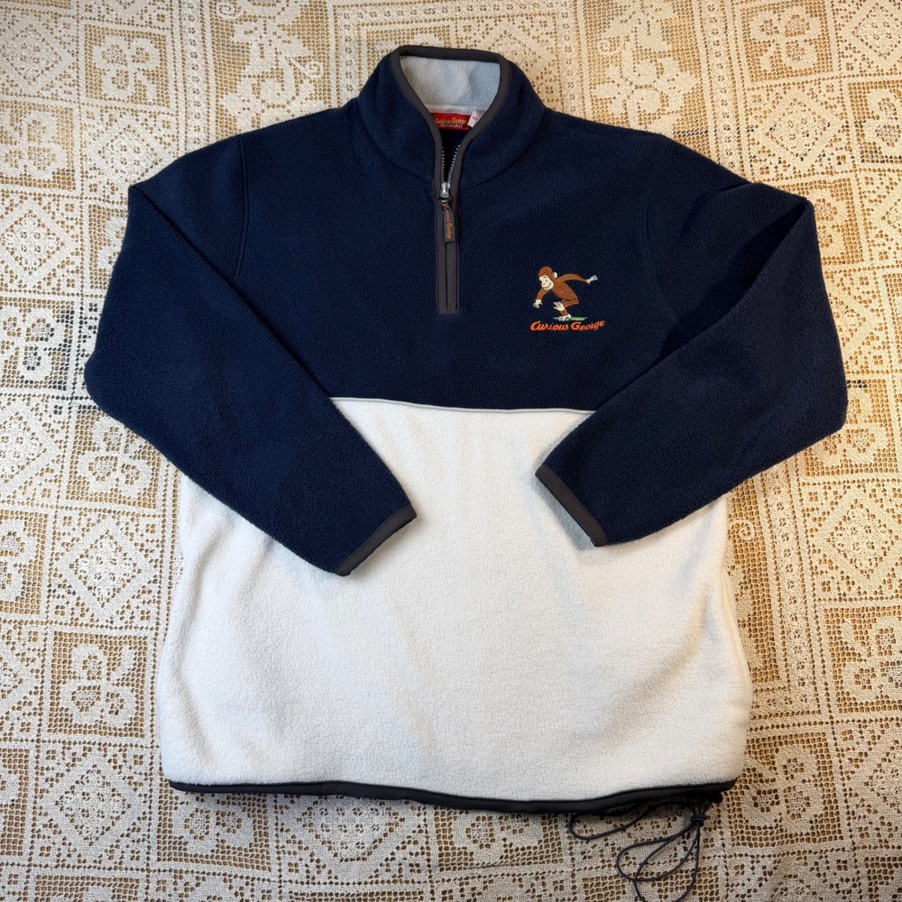 Vintage Curious George Adventures Fleece Quarter Zip Pullover Navy Cream Medium